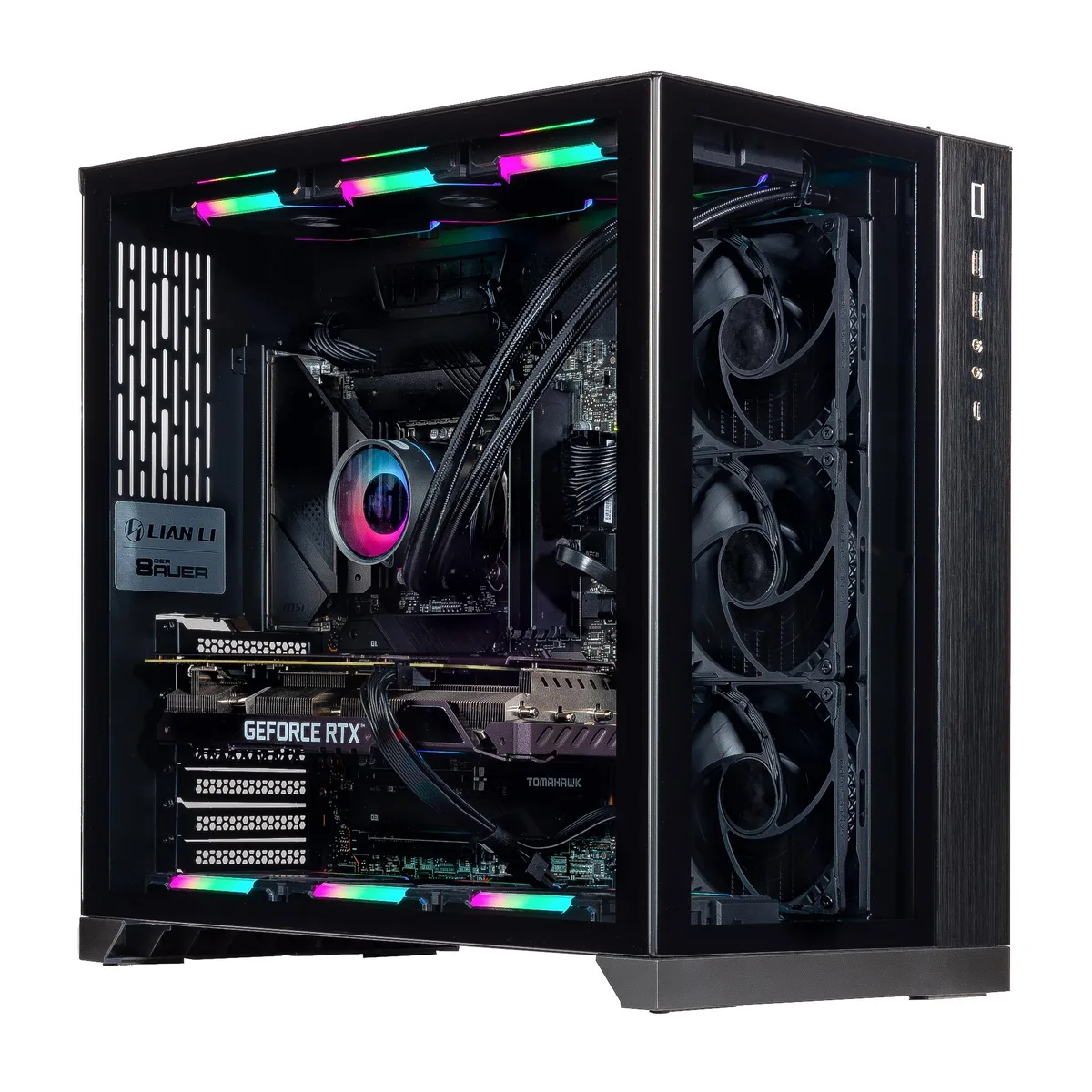 Black mid-tower gaming desktop with 360mm AIO cooling and RGB lighting