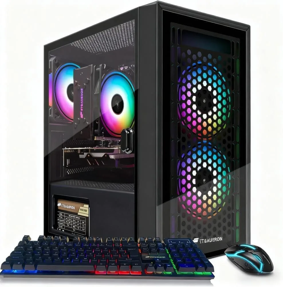 Black tower gaming desktop with three RGB fans behind tempered glass, matching RGB keyboard and mouse included