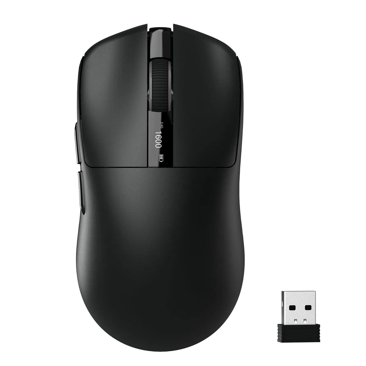 Black wireless gaming mouse with built-in LCD screen and ergonomic shape