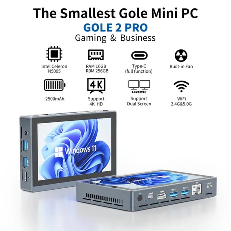 Compact 5.5 inch touchscreen mini desktop PC with built-in battery and fan