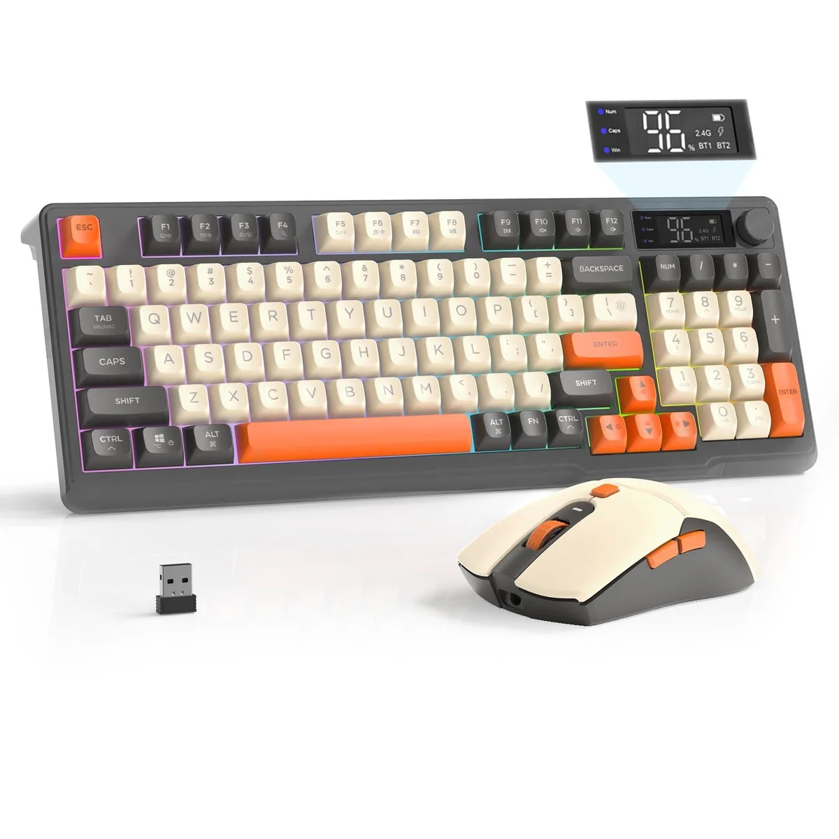 Black 94-key wireless keyboard with smart display knob and matching mouse