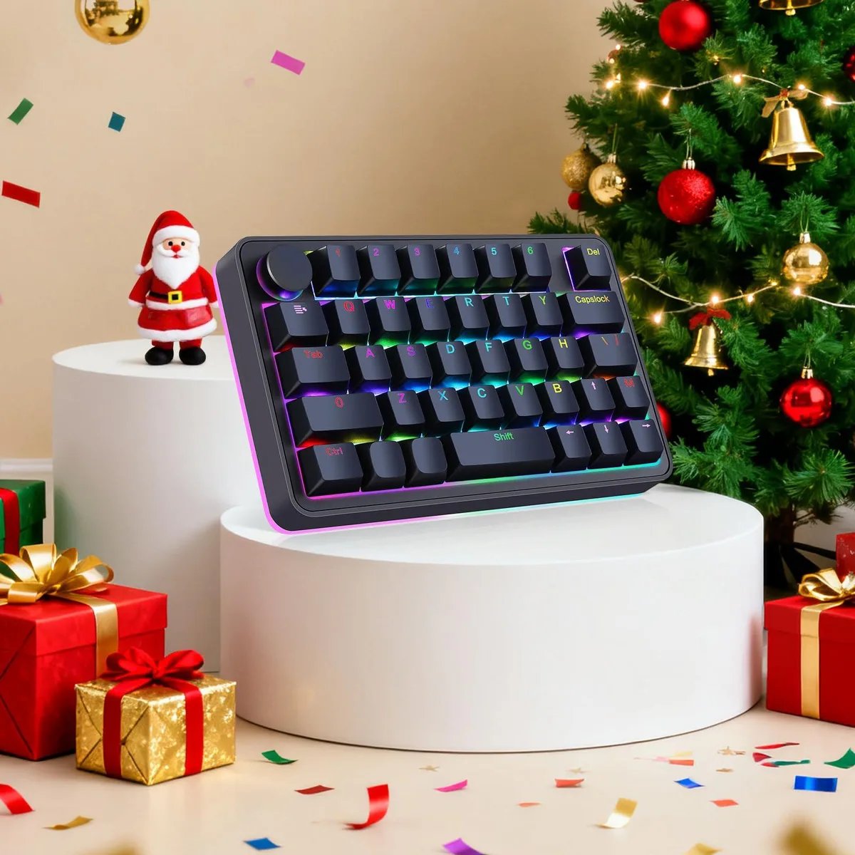 Compact black mechanical macro keypad with 39 keys, a programmable rotary knob and RGB backlighting