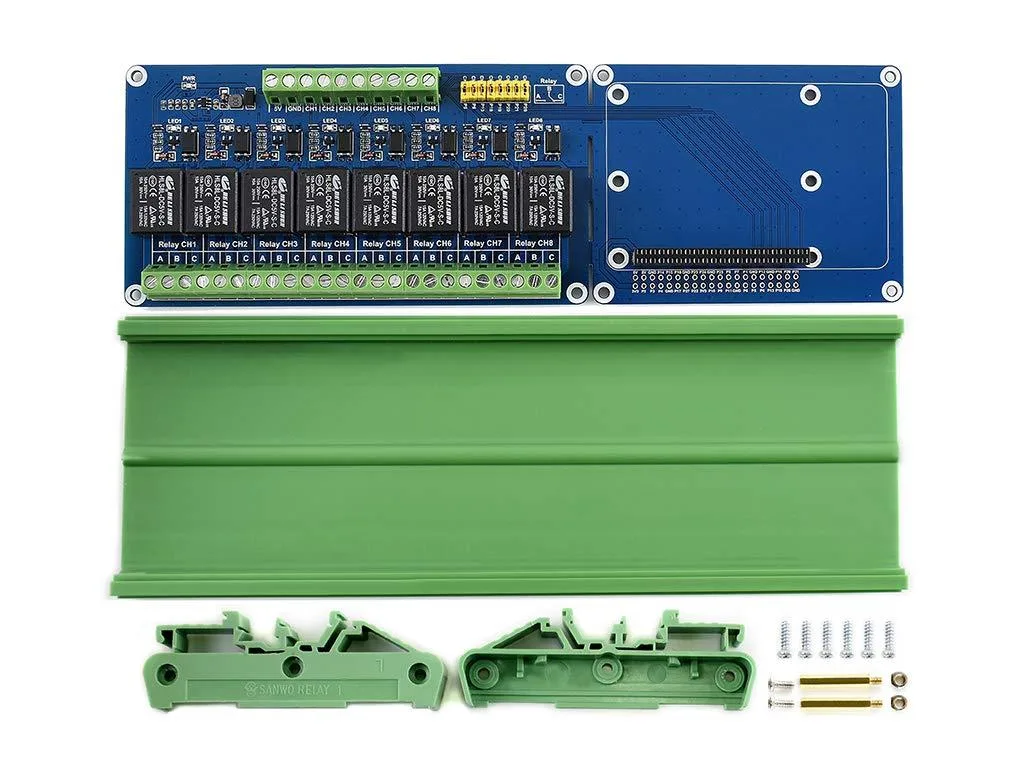 Green circuit board with eight black relay modules and a 40-pin GPIO header