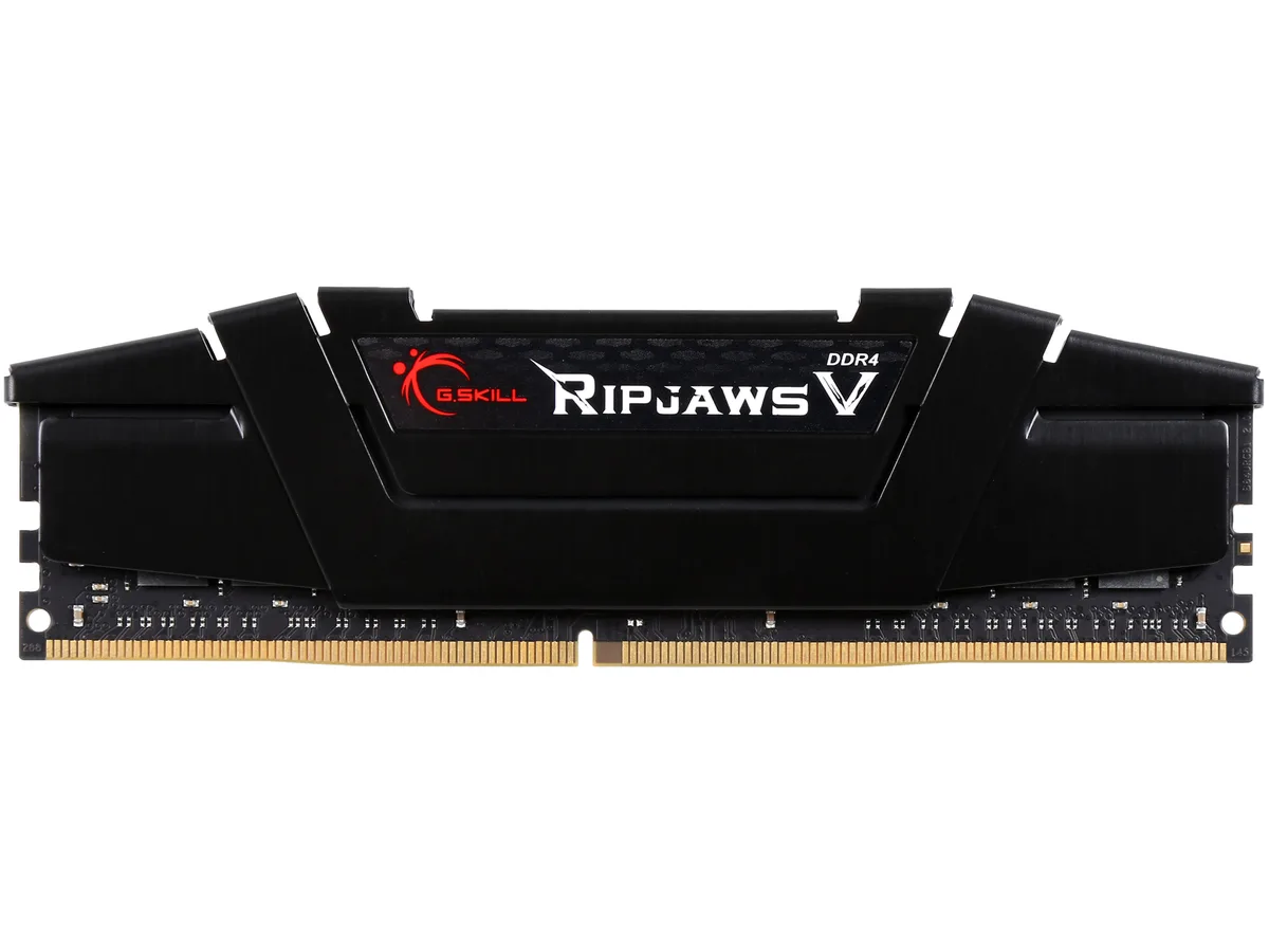 Black aluminum heatspreader on a 288-pin DDR4 desktop memory module
