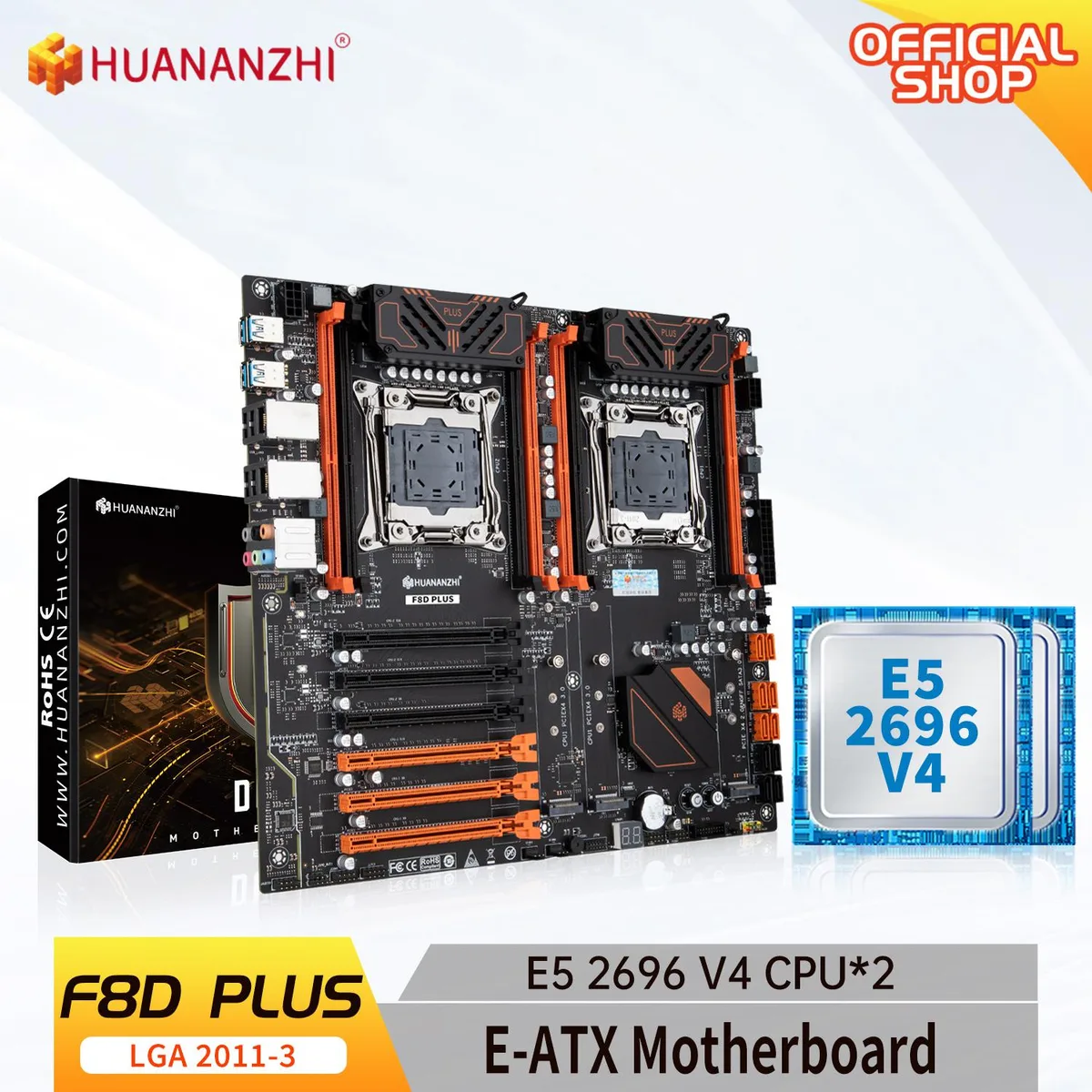 HUANANZHI X99 F8D PLUS E-ATX motherboard with dual Xeon E5 2696 V4 processors installed
