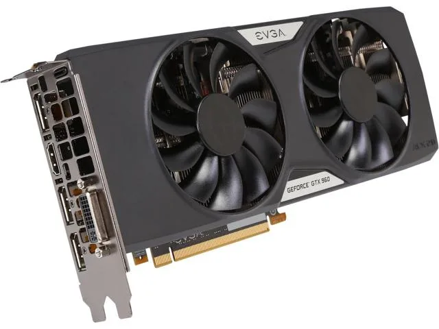 EVGA GeForce GTX 960 graphics card with dual-fan ACX 2.0 cooler, silver and black finish, PCIe 3.0 x16 interface, DVI HDMI three