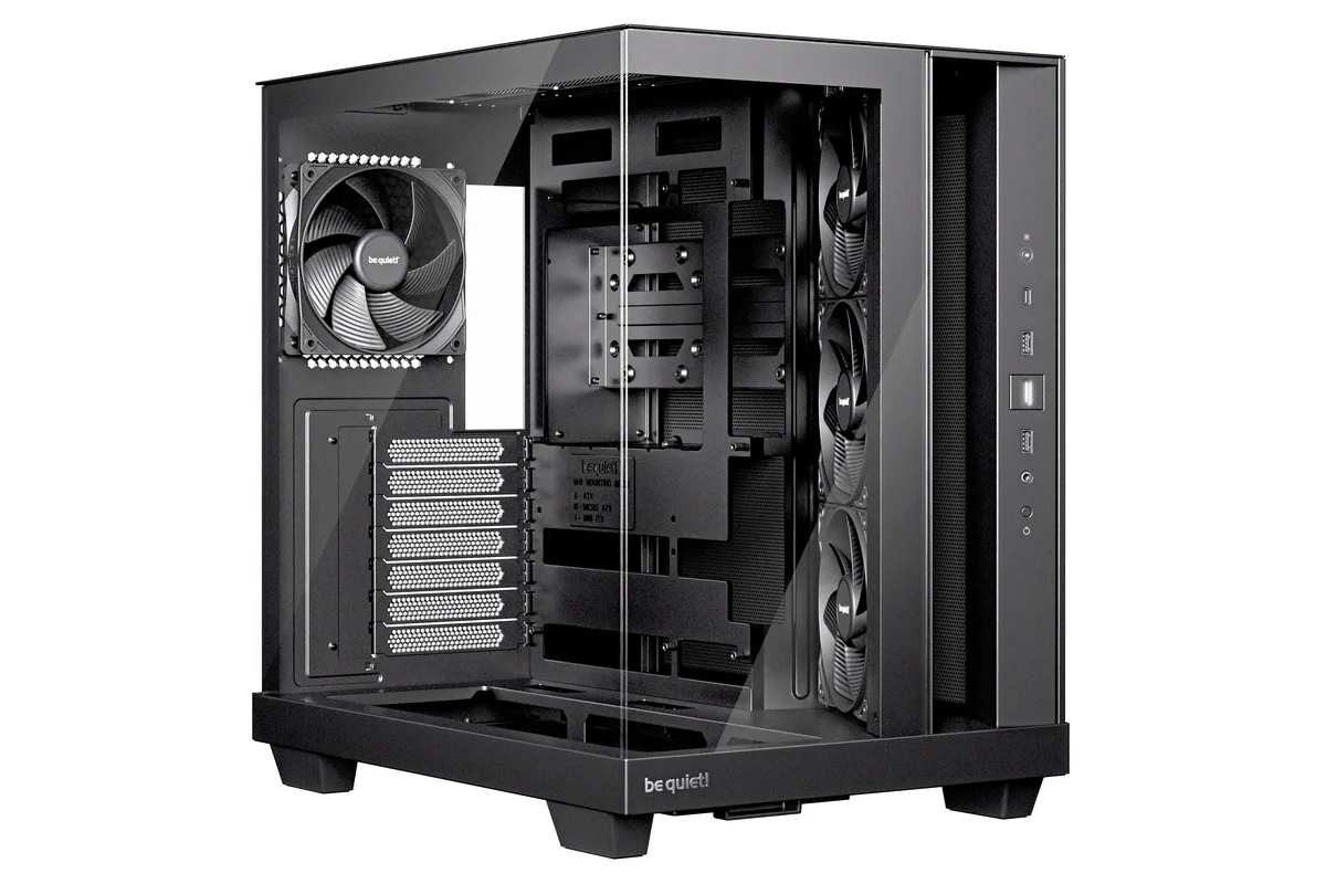 Black mid-tower case with dual tempered glass panels and angled side fan frame