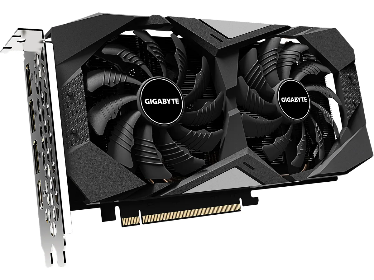 Dual-fan graphics card with black backplate, two-slot ATX form factor