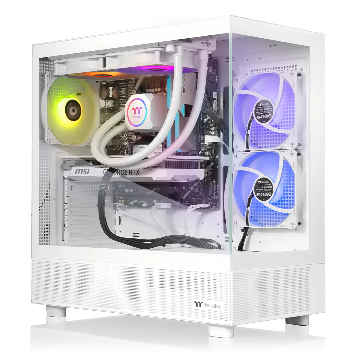 White mid-tower gaming PC with ARGB liquid cooler visible through glass side panel
