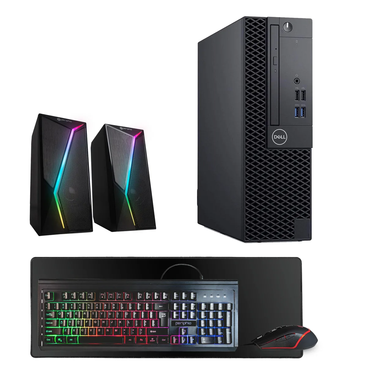 Black Dell OptiPlex 3060 desktop tower with wired keyboard, mouse, RGB speakers and oversized mouse pad