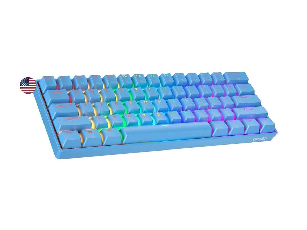 Compact black 60 percent mechanical keyboard with RGB backlighting and doubleshot keycaps