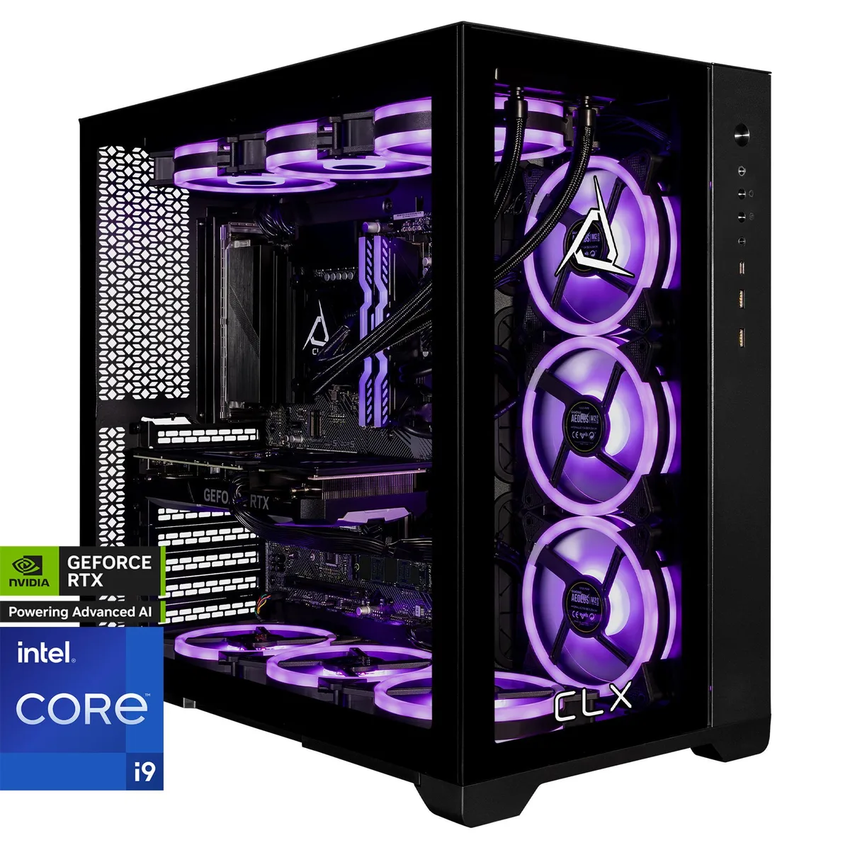 Black mid-tower gaming desktop with liquid CPU cooling
