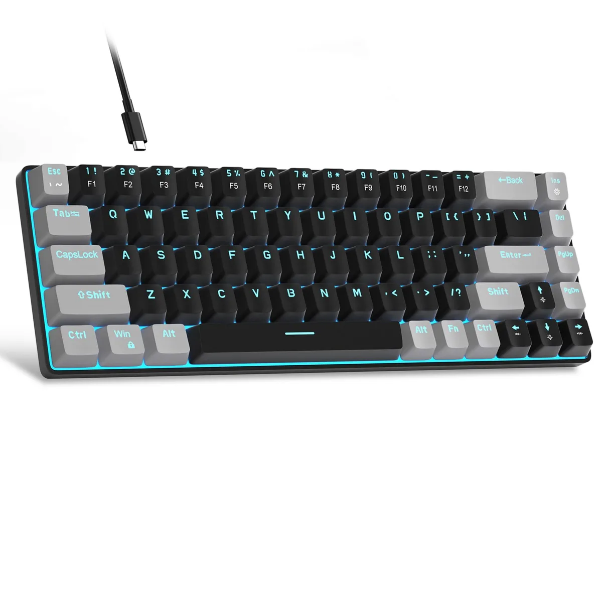 Compact 60% mechanical keyboard in black and grey with 68 keys and blue LED backlighting