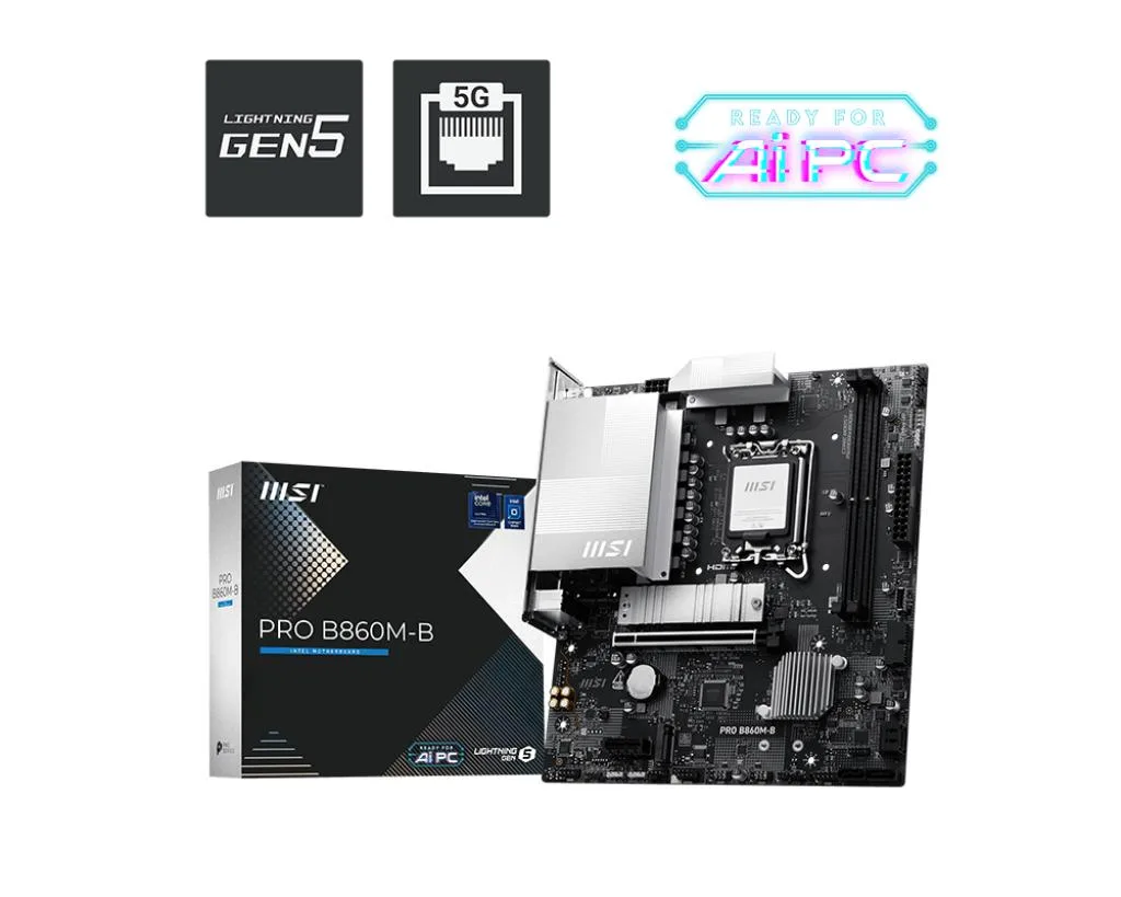 A dark green Micro ATX motherboard with silver heatsinks, two DDR5 slots and a full-length PCIe x16 slot
