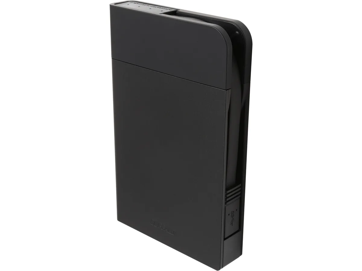 Black rectangular portable hard drive with integrated wrap-around USB cable