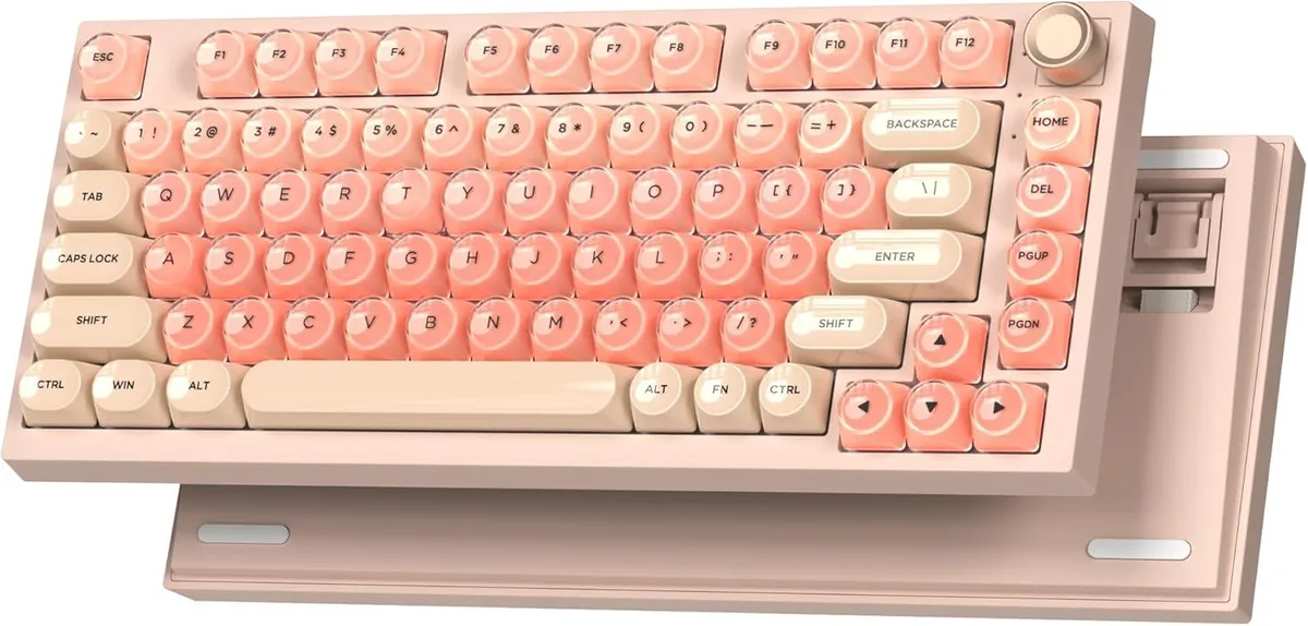 Pink creamy 75% wireless mechanical keyboard with rotary knob and 81 keys