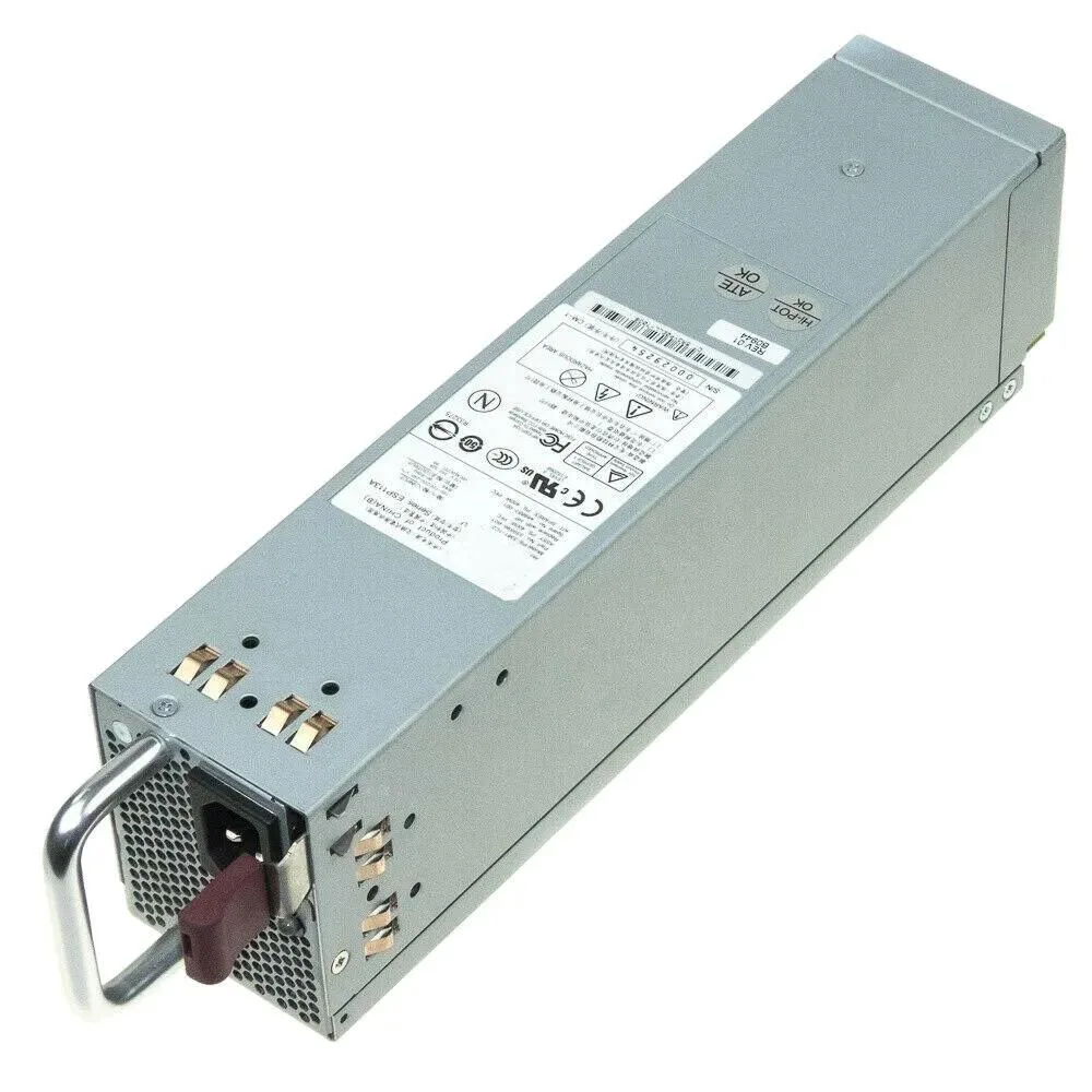Rectangular silver server power supply unit with label showing model numbers