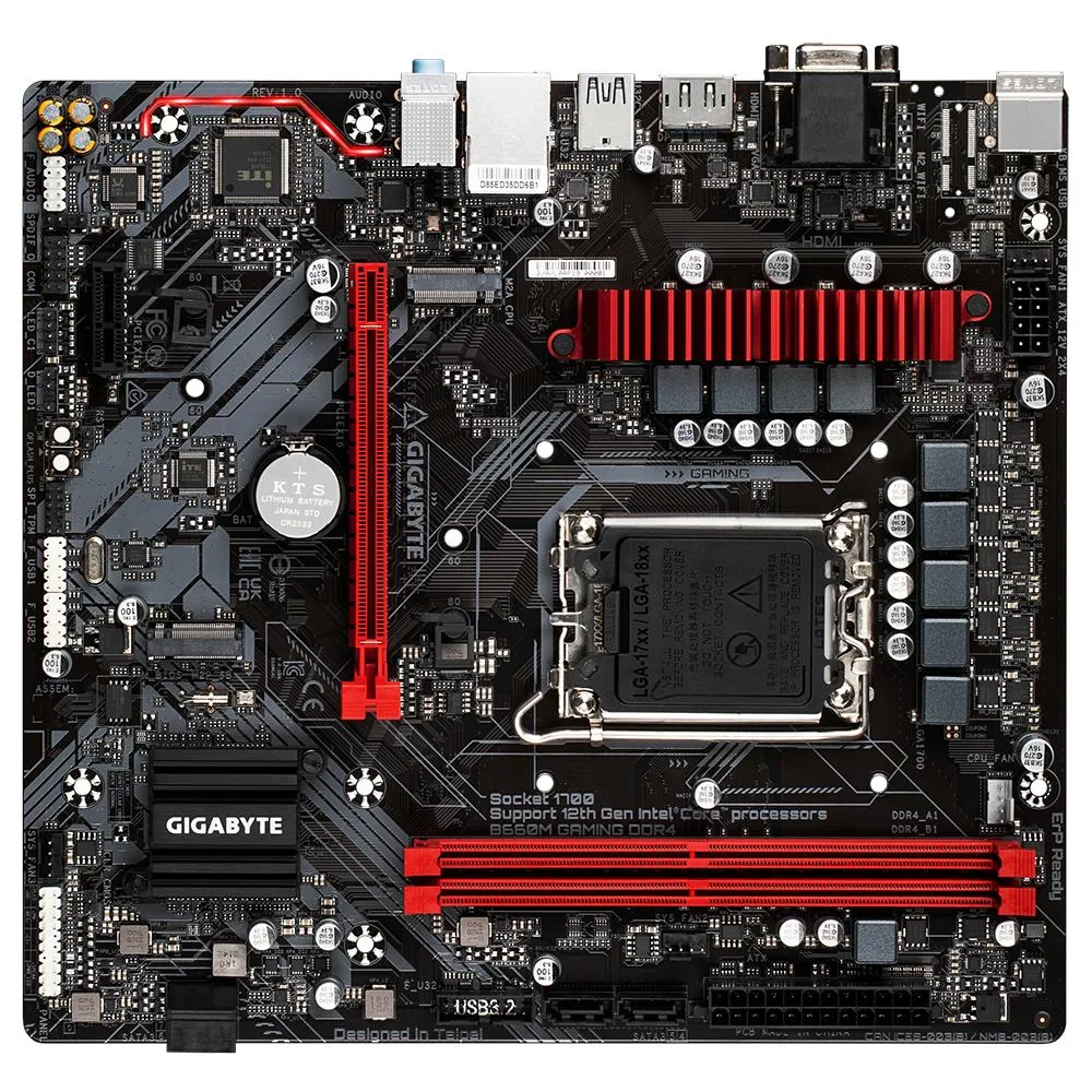 Micro-ATX motherboard, black PCB with silver heatsinks and RGB lighting