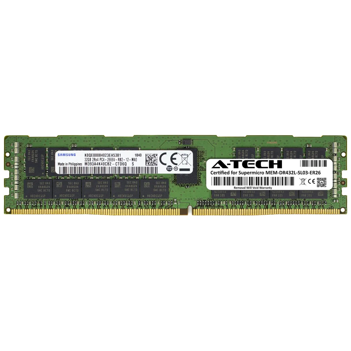 Green rectangular DDR4 RDIMM module with black memory chips and gold edge connectors