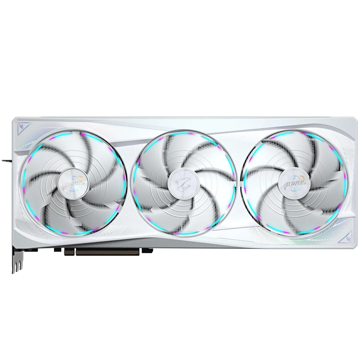 Pure white RTX 5090 graphics card with triple fans, LCD screen, RGB halo, and adjustable support bracket