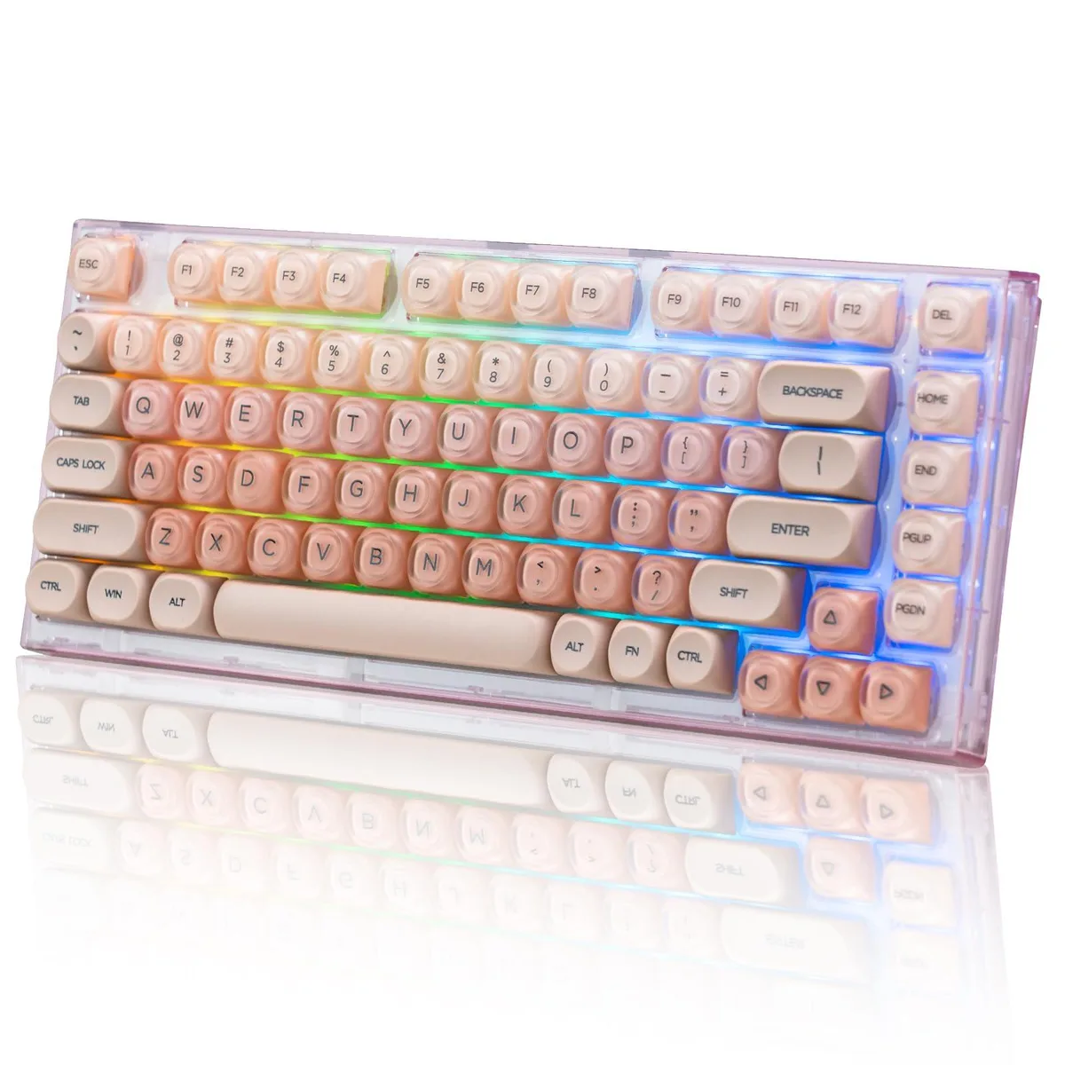 Pink 75 percent wireless mechanical keyboard with transparent case and RGB lighting