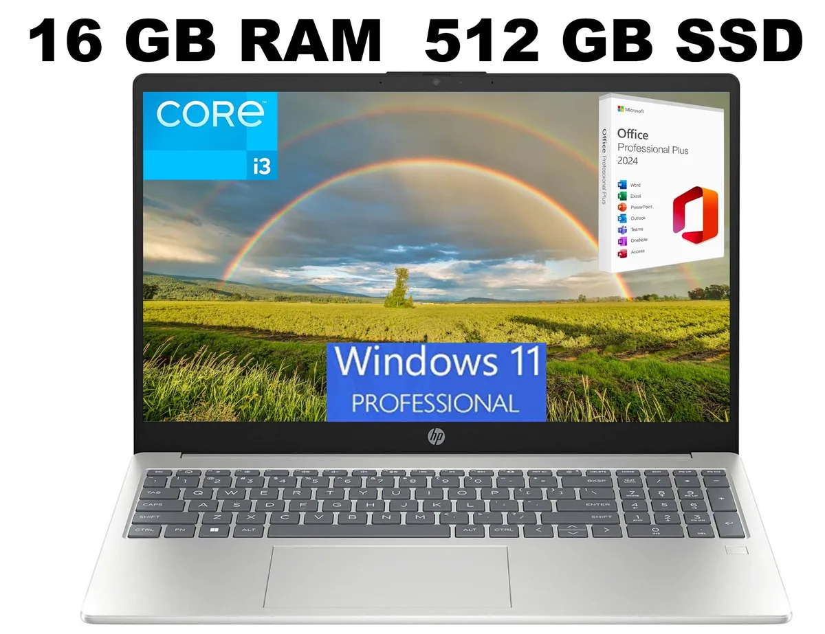 HP HP 15 laptop i3-N305 8-core 16GB 512GB SSD Wi-Fi 6 Bluetooth 5.3 fingerprint Windows 11 Pro Silver — photo du produit