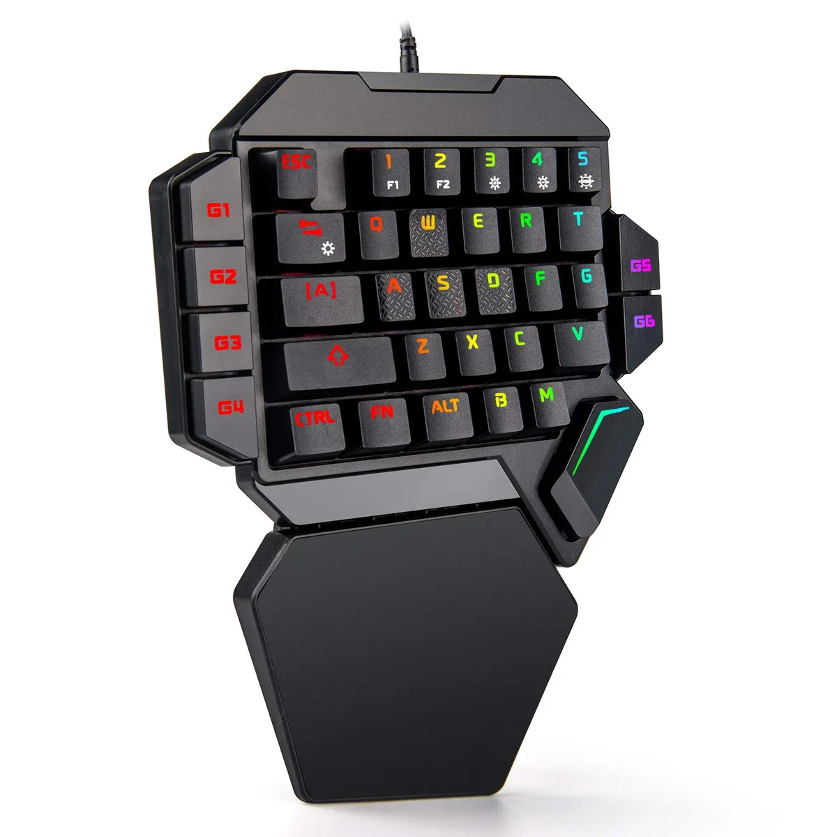 Compact one-handed mechanical keypad with 35 keys, blue switches, RGB lighting, and integrated wrist rest