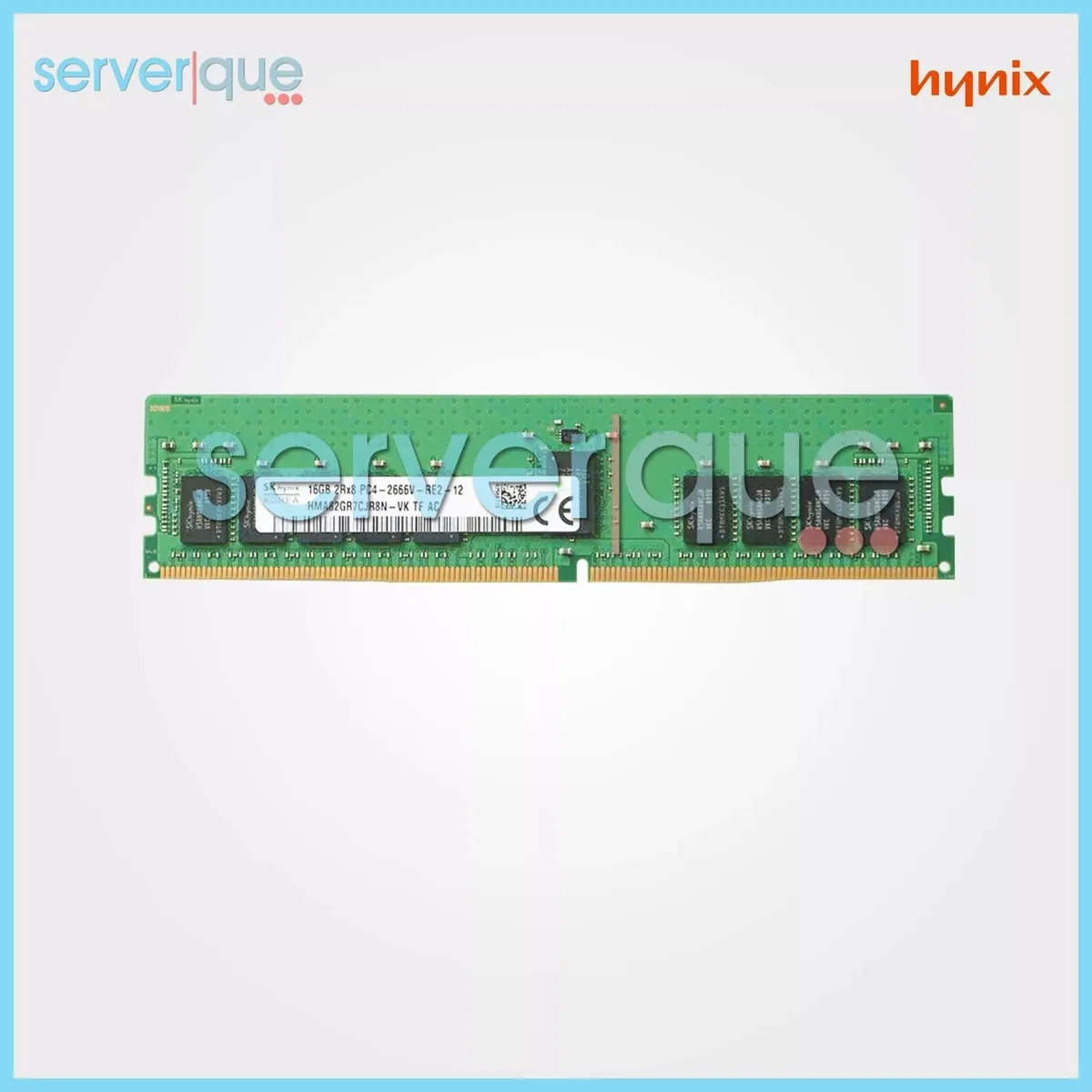Green rectangular circuit board with gold edge connectors and black memory chips