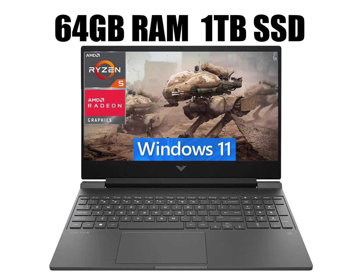 Black 15.6 inch gaming laptop, matte finish, backlit keyboard visible