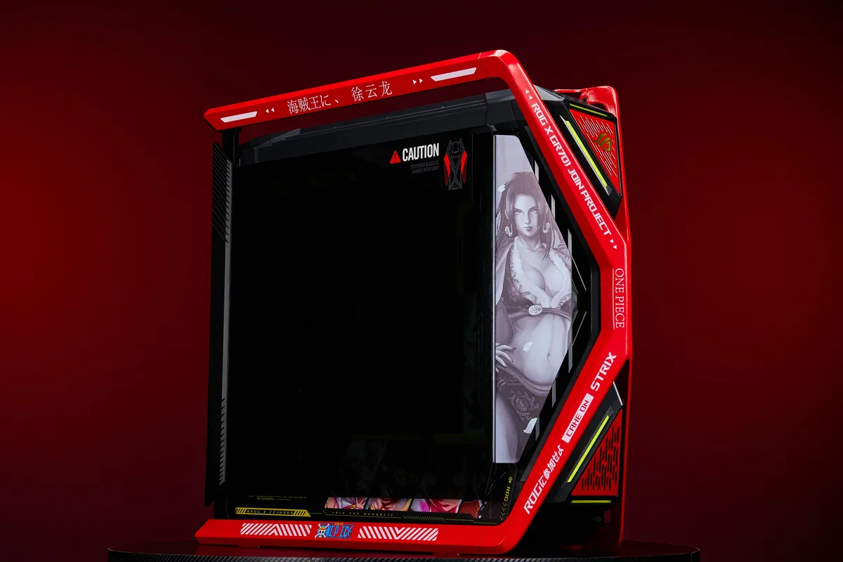 Red full-tower E-ATX case with tempered glass sides and four 140 mm fans