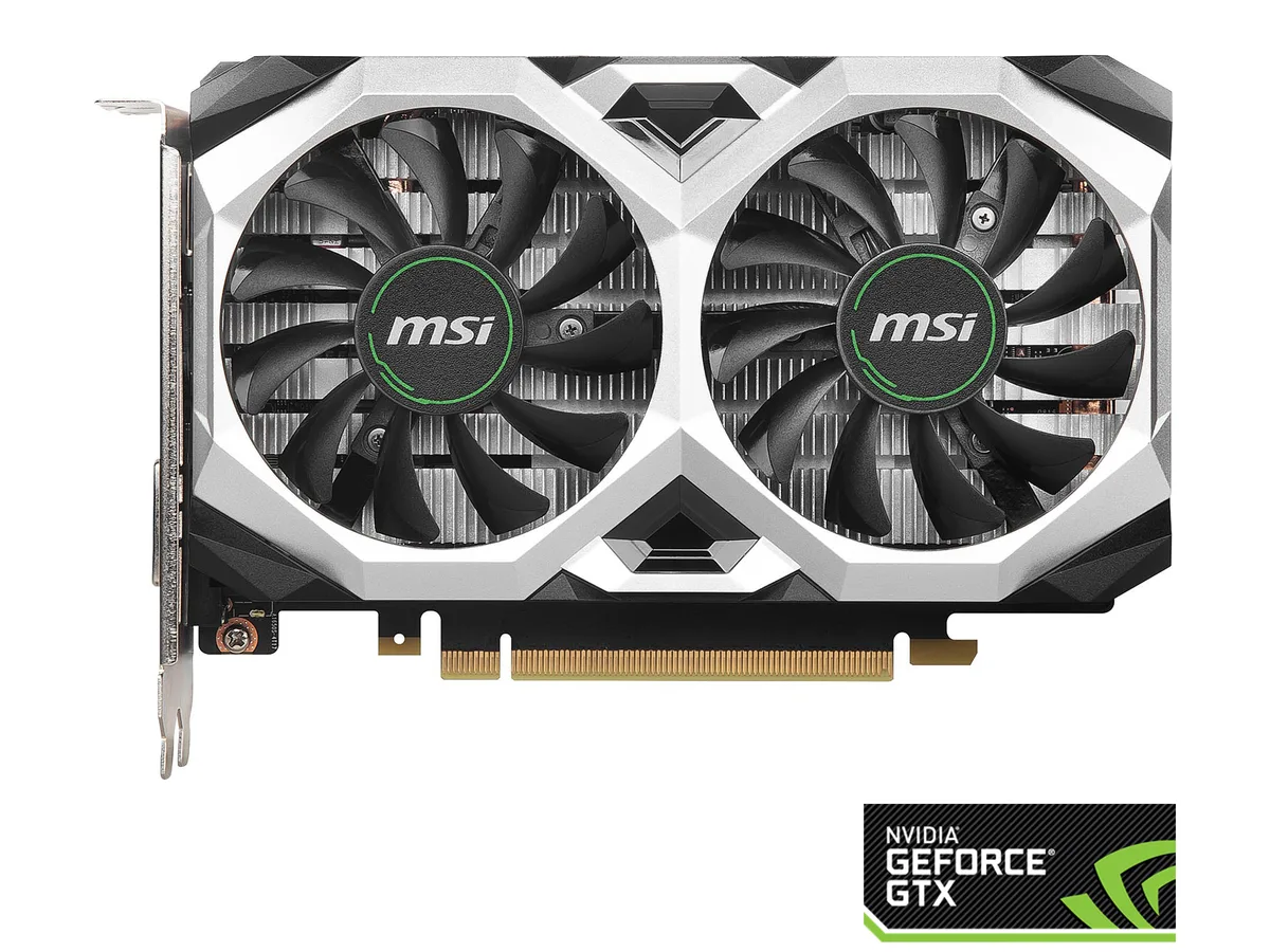 Black dual-fan graphics card, compact 180 mm length, silver accents