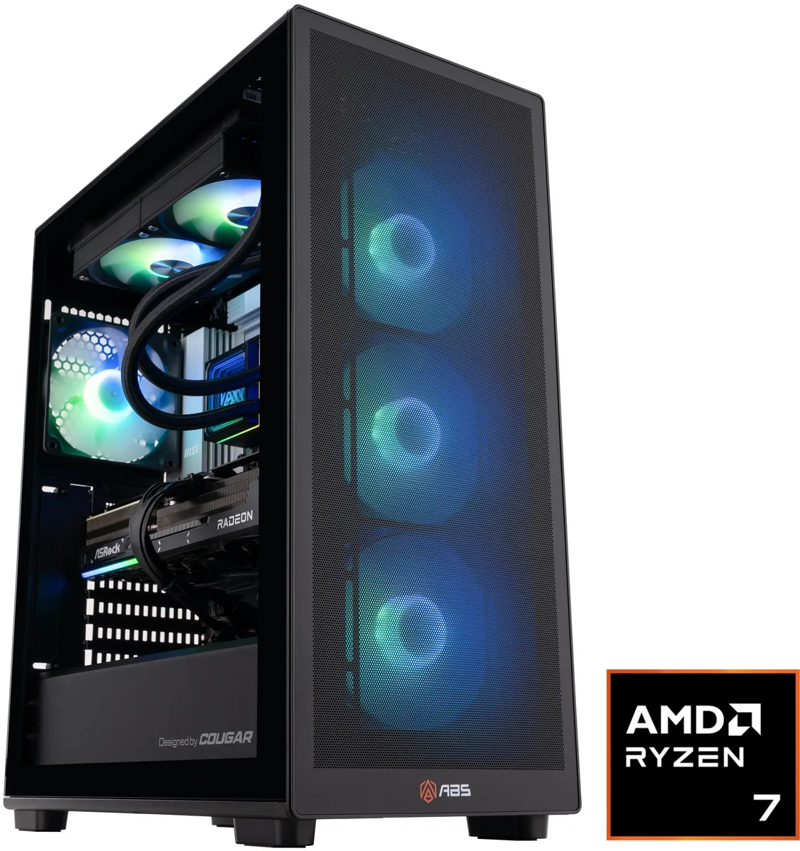 Black ABS Stratos II MX220 gaming tower with side window showing AIO cooler and graphics card