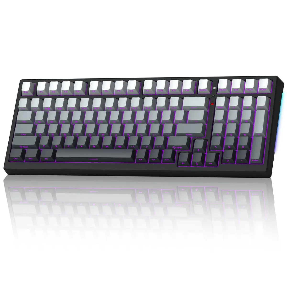 Black 98% wireless mechanical keyboard with side-printed PBT keycaps, gasket structure, and RGB backlighting