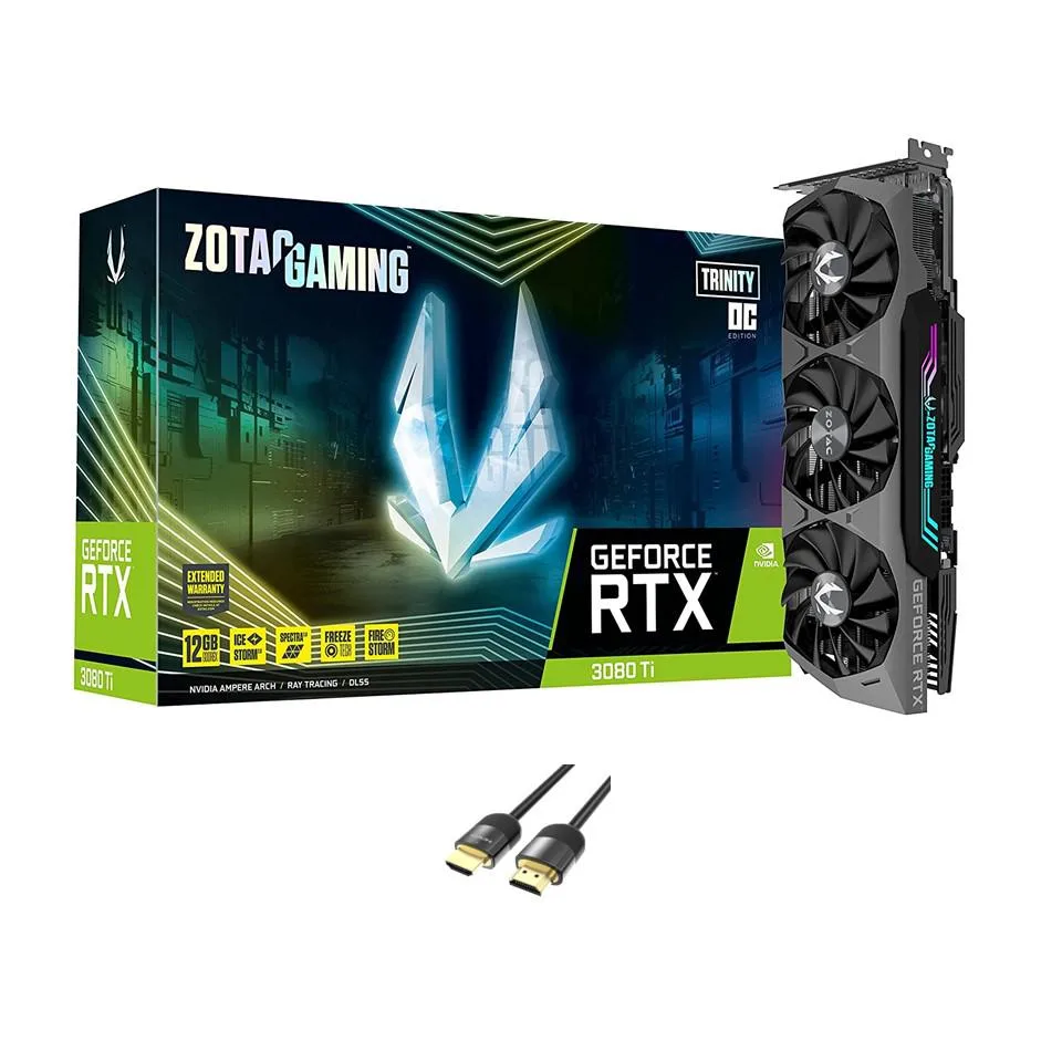 Triple-fan graphics card with silver metal frontplate and RGB backplate