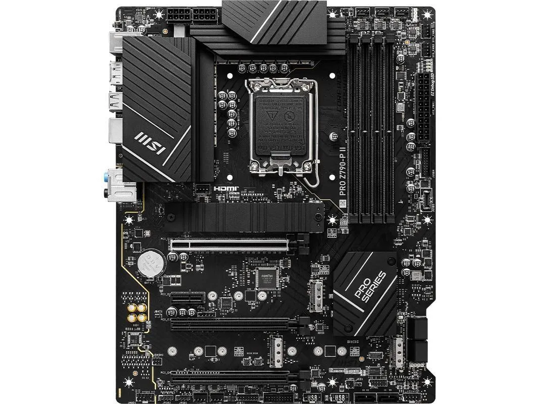 Green ATX board with silver heatsinks, black slots and rear I/O panel