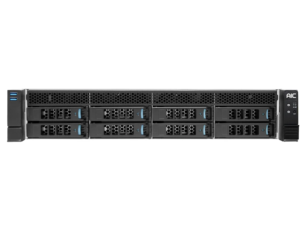 2U rack server, black metal chassis, front drive bays, redundant power supplies