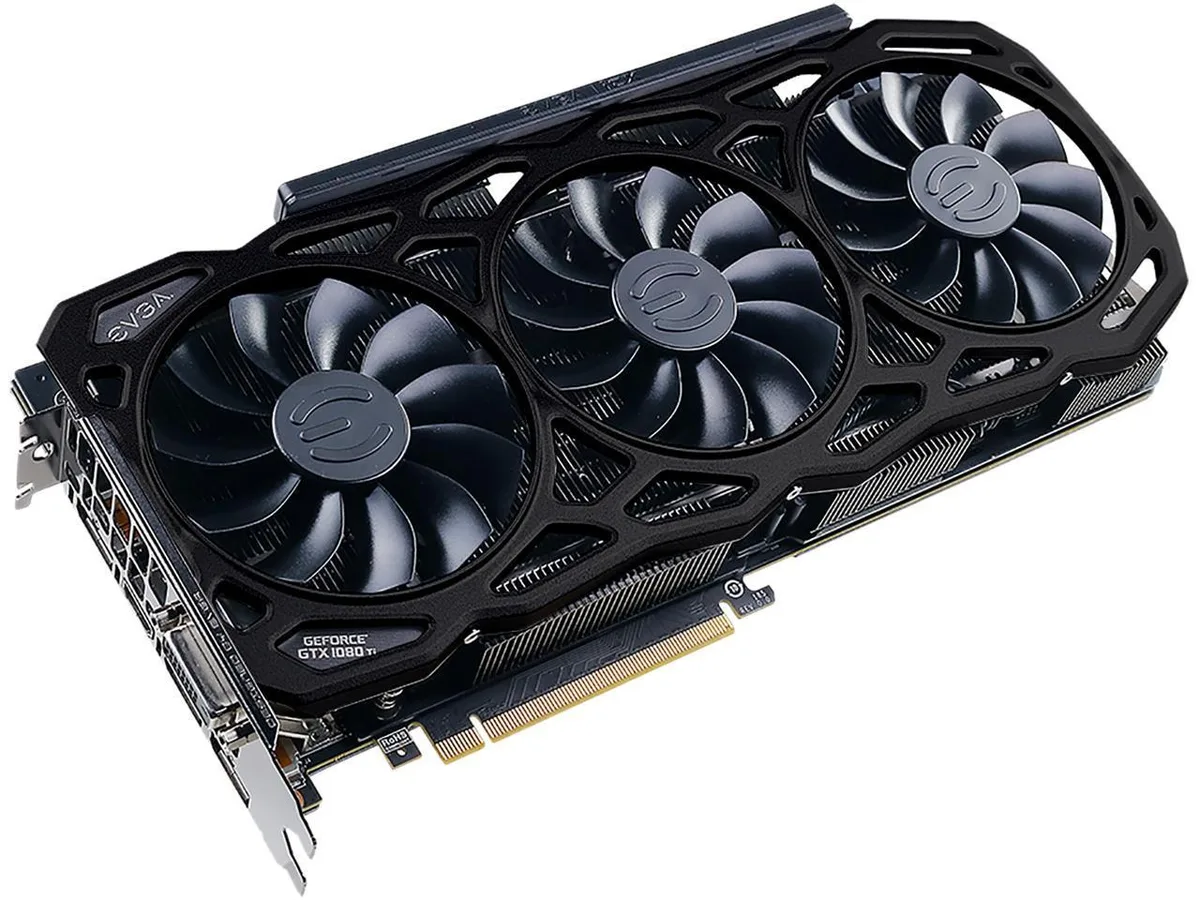 Black triple-fan graphics card with RGB lighting, metal backplate and three DisplayPort outputs