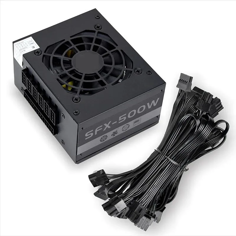 Compact SFX power supply unit with matte black finish and cooling fan visible