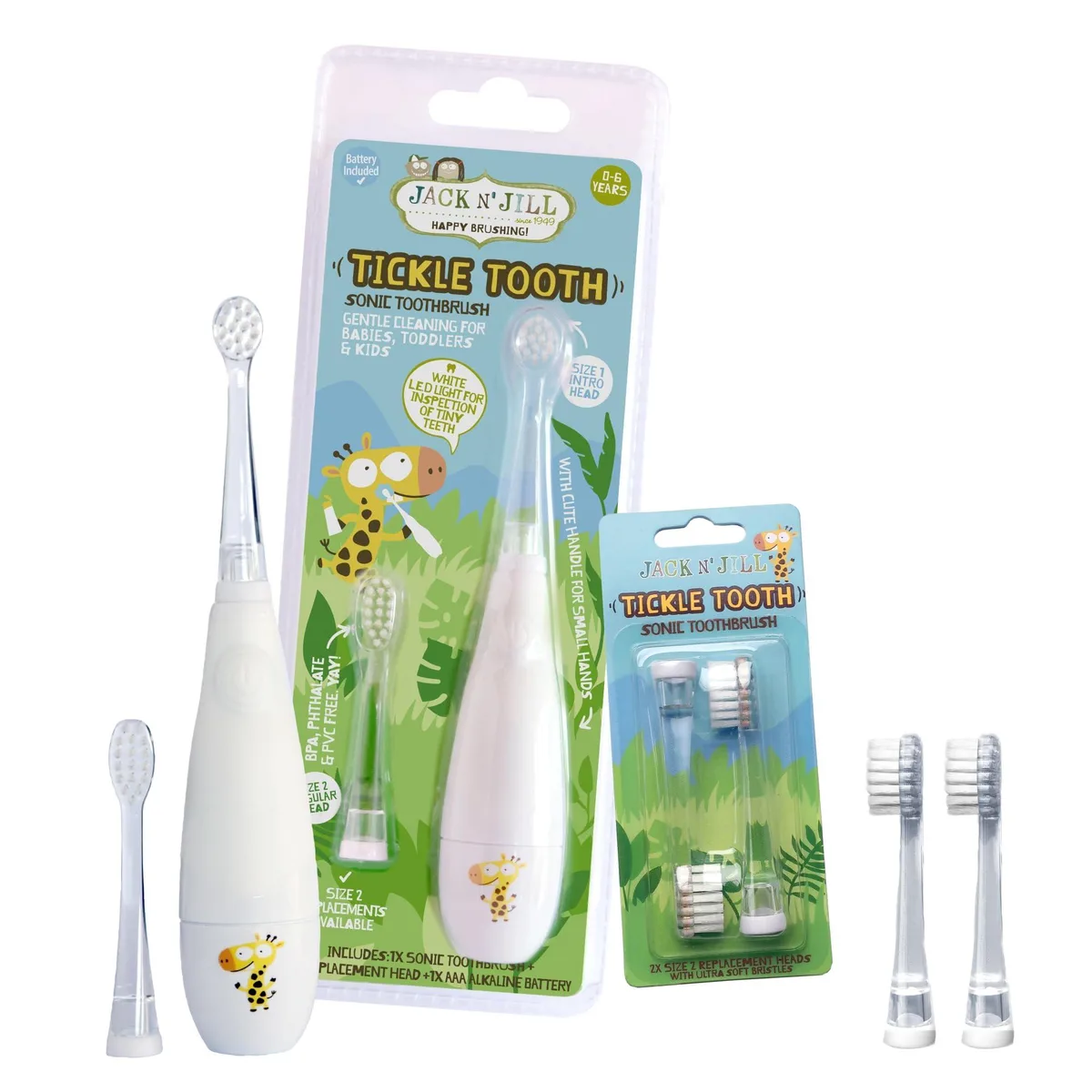  JACK N' JILL Tickle Tooth Sonic Toothbrush White 1 Pack + Replacement Heads — product photo
