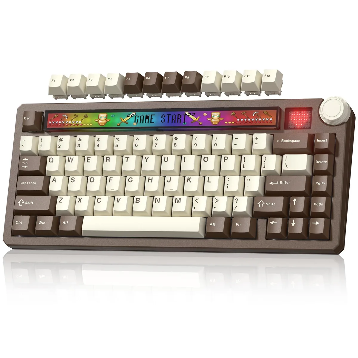 Compact 75 percent gaming keyboard in black with pixel screen and rotary knob
