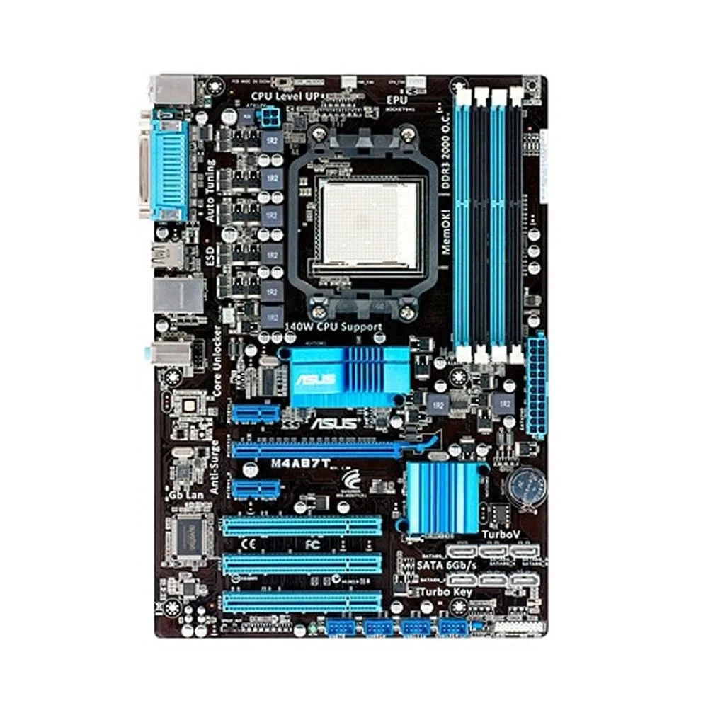 ASUS M4A87T ATX motherboard in green with black slots and silver heatsinks