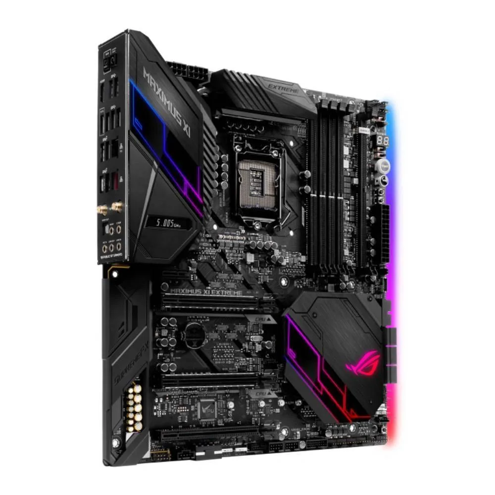 ATX motherboard with black heatsinks and silver I/O shield