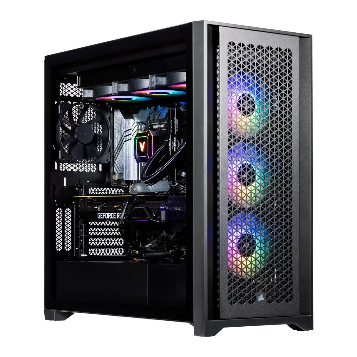 Black Velztorm Aciex desktop tower with RGB liquid cooling visible