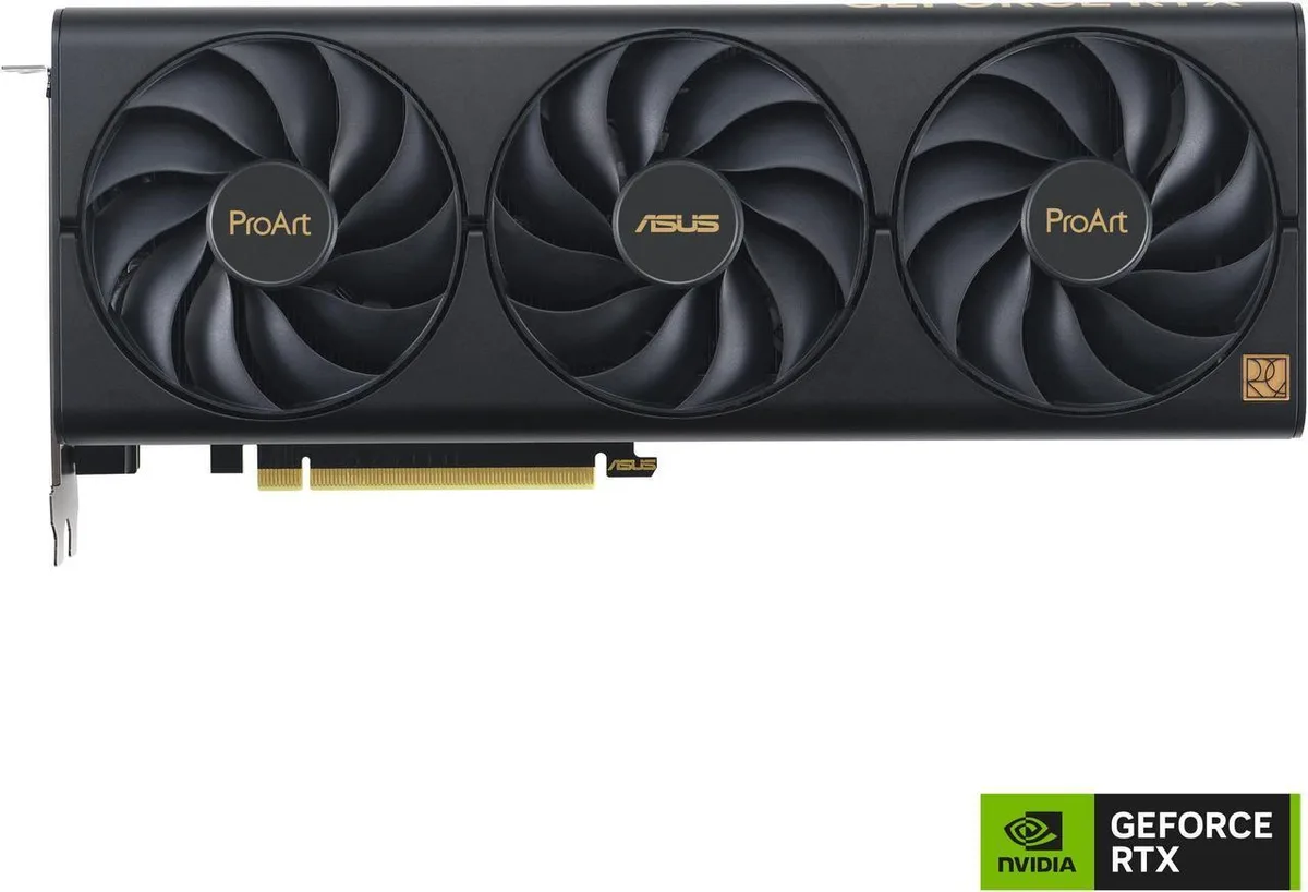 ASUS ProArt RTX 4070 SUPER graphics card, 2.5-slot design, three axial-tech fans, matte dark finish