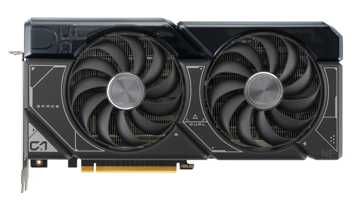 ASUS Dual GeForce RTX 4070 SUPER graphics card, 2.56-slot design, dual axial-tech fans, matte black shroud with silver accents