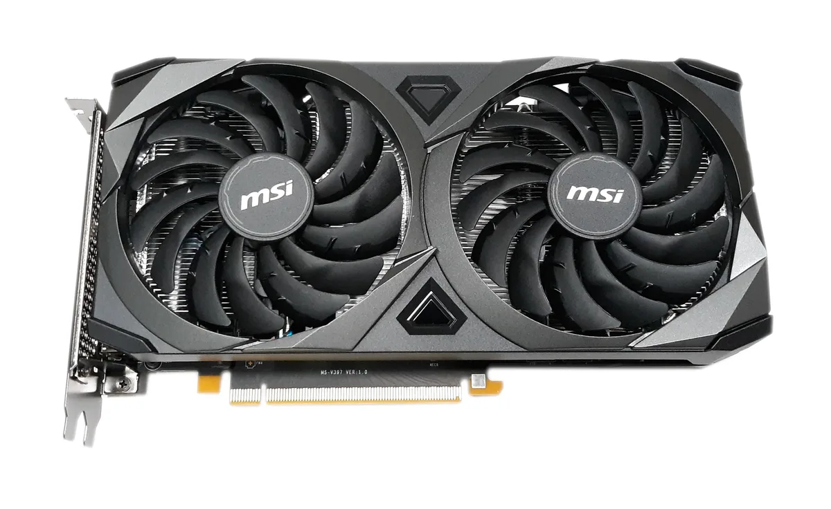 Dual-fan graphics card in matte black and silver finish