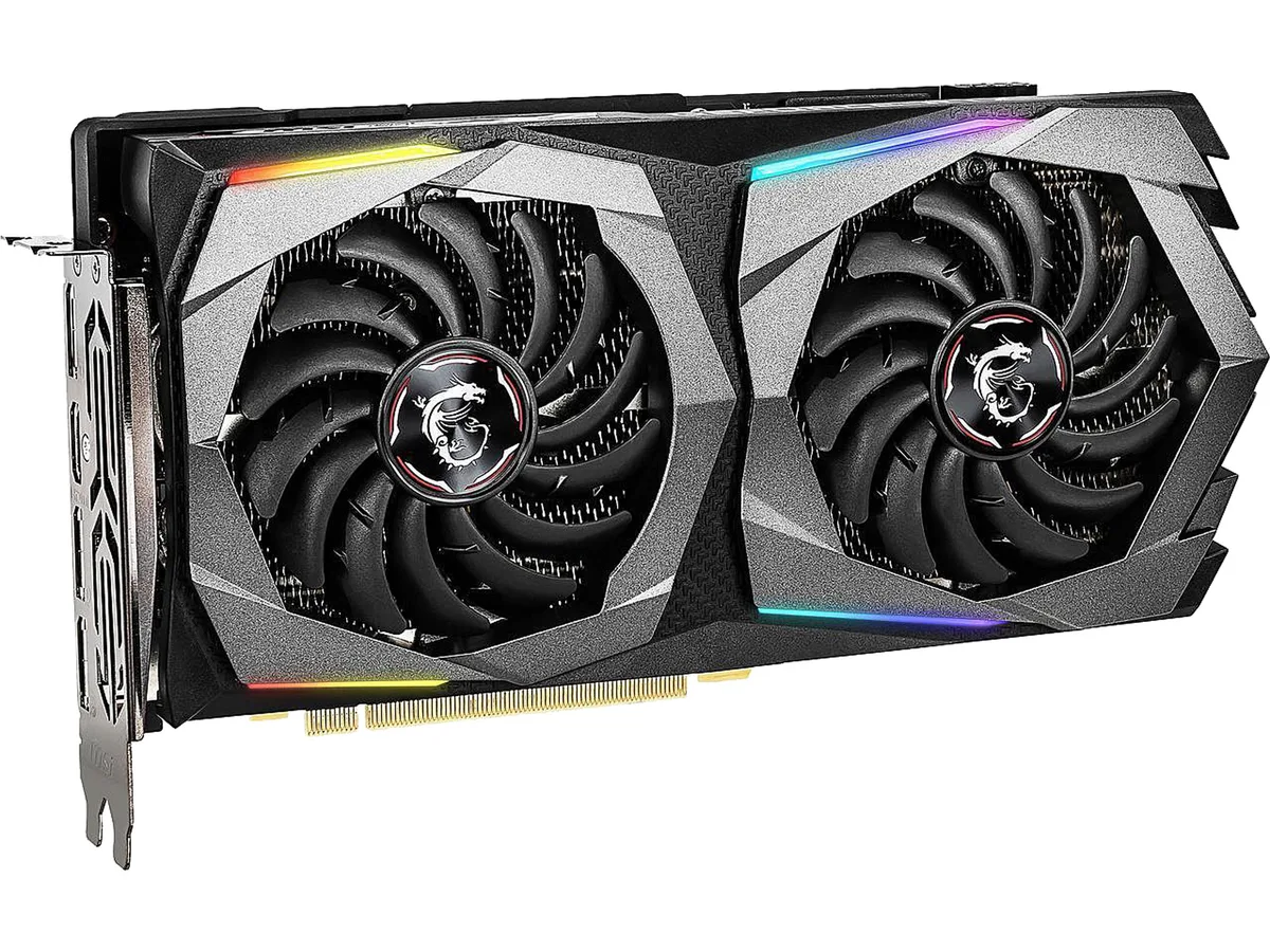 MSI RTX 2060 dual-fan graphics card, black and silver finish, metal backplate visible