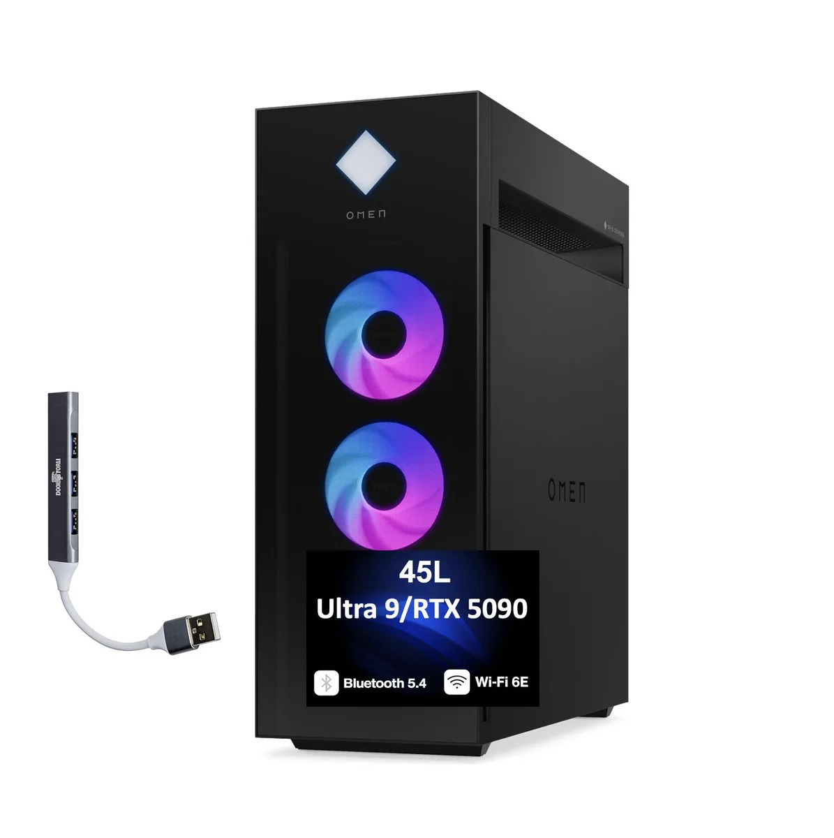 Black tower chassis with RGB-lit 360mm AIO cooler visible through side panel