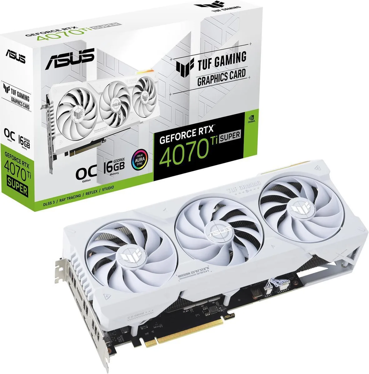 White triple-fan graphics card with metal backplate and silver accents
