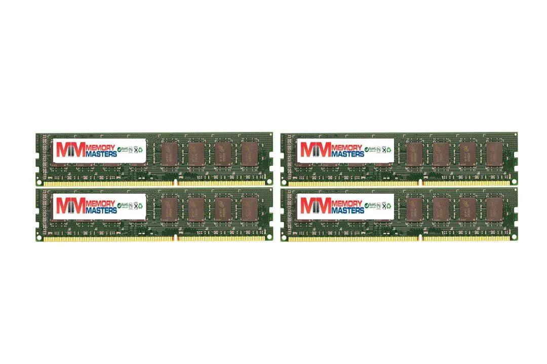 Four green DDR3 sticks with black heat spreaders and gold contacts
